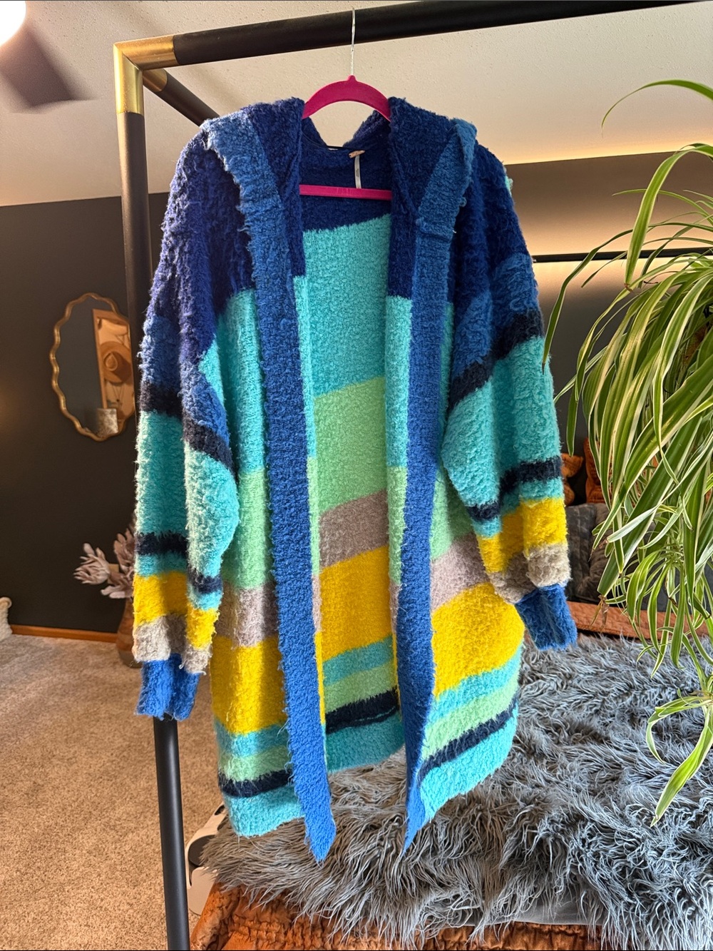 Free People Multicolor Hooded Open-Front Cardigan - Blue, Teal, Yellow